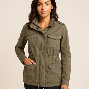 American Rag Olive Utility‎ Jacket Women’s Small Zip Snap Pockets Drawstring